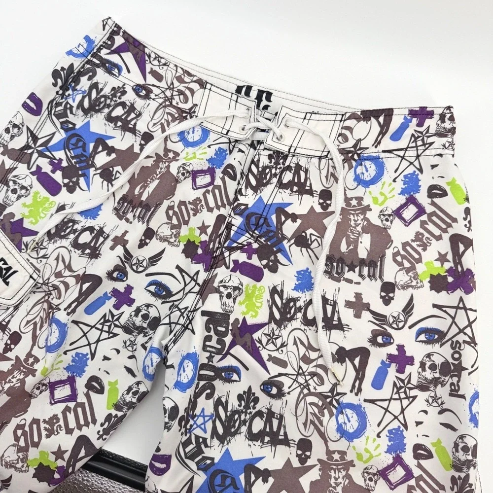 So-Cal Board Shorts Mens 32x12 White‎ Graffiti Skulls Uncle Sam Punk Pockets Y2K